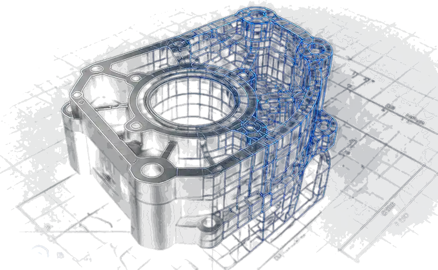 3D-konstruerad maskindel med CAD-wireframe